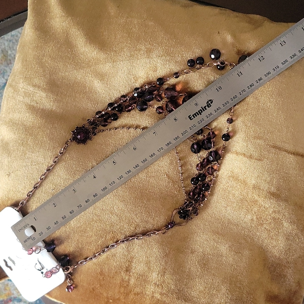 2pc Set Fci Jewelry earrings 2" &necklace 12" colors Rose Gold Chain Plum Beads